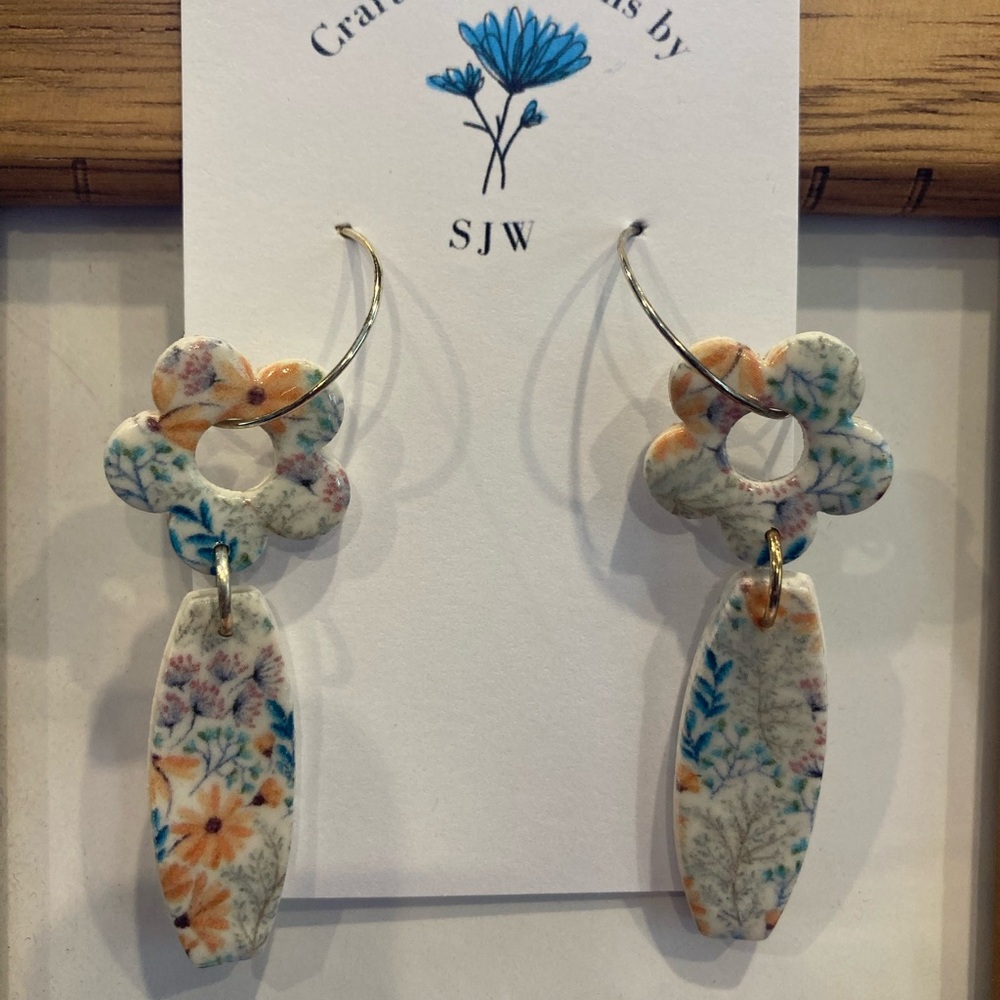 Floral Drop Earrings - Blue, Orange, Cream
